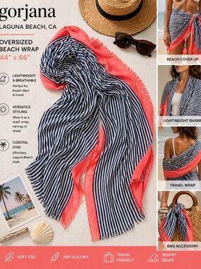 gorjana Oversized Beach Wrap Scarf 44x66 Coral Stripe Nautical Resort poolside